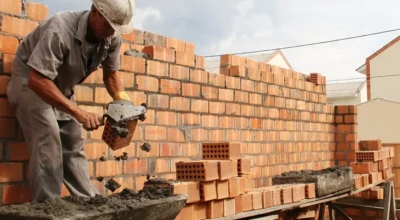 Pedreiro aplica argamassa na construção de uma parede de tijolos, sobre andaime, em obra urbana sob céu parcialmente nublado. Cena retrata o trabalho na construção civil.