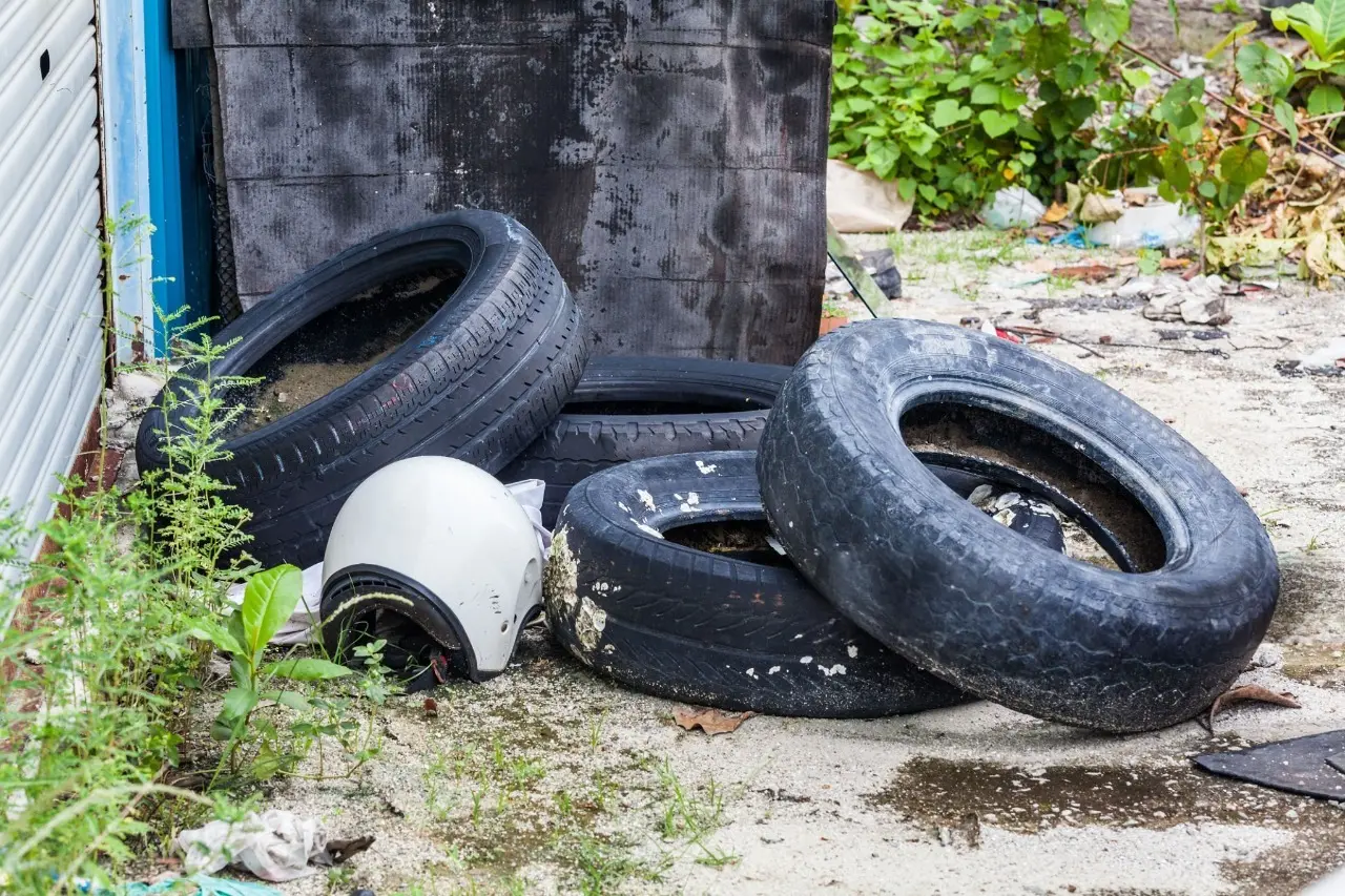 Foto de pneus abandonados em terreno.