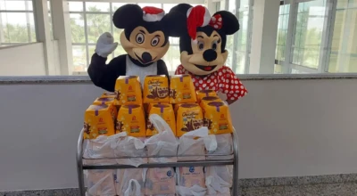 Foto dos personagens da Disney com panetones no HMAP.