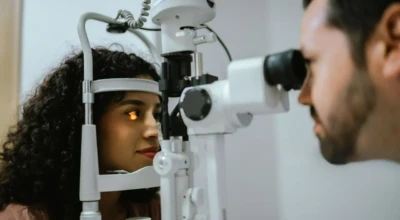 Oftalmologista analisando paciente.