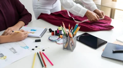 2 pessoas trabalhando em uma mesa com vestuário.