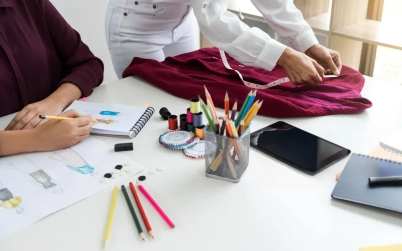 2 pessoas trabalhando em uma mesa com vestuário.