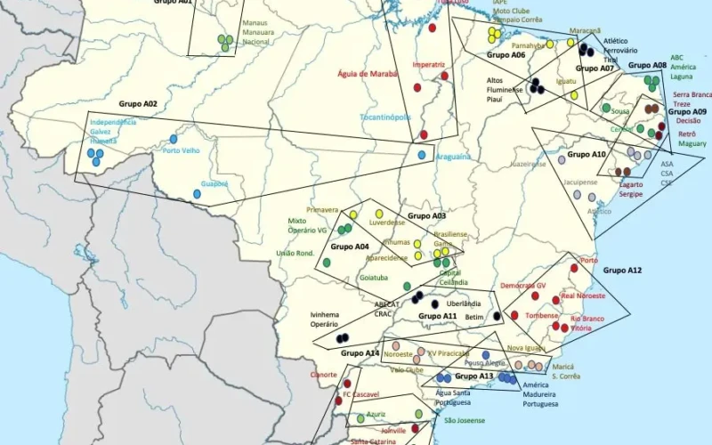 Mapa do Brasil com as divisões de grupos da Série D 2026. 