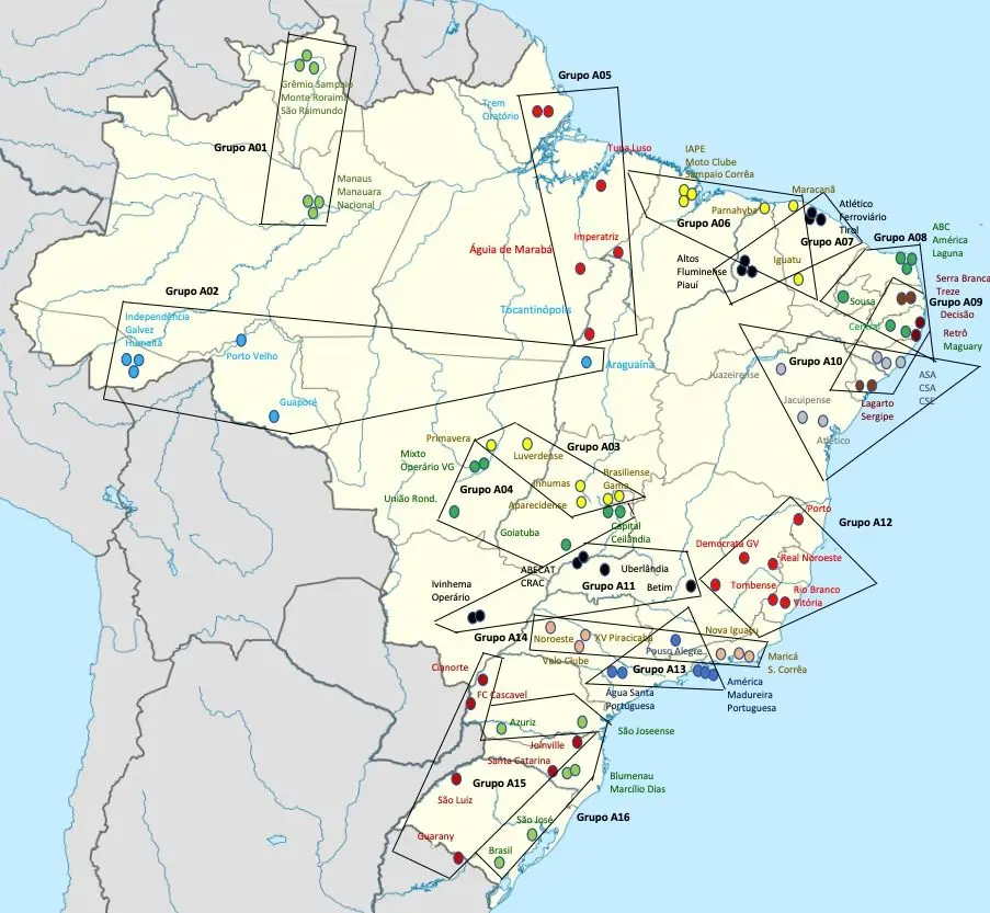 Mapa do Brasil com as divisões de grupos da Série D 2026.