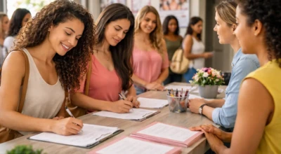 Mulheres fazendo inscrição para um curso
