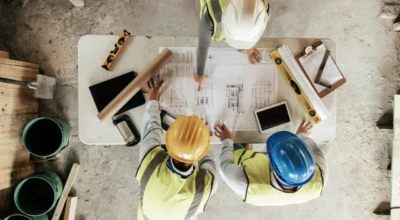 Reunião dos engenheiros revisando os projetos.