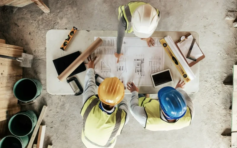 Reunião dos engenheiros revisando os projetos.