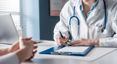Médico atendendo paciente em consultório.