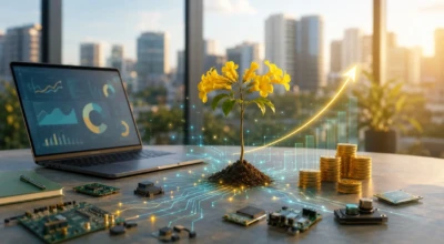Desenho digital com uma muda de ipê ao centro e peças de computador ao redor ligadas por uma linha de energia, além de gráficos, moedas e um caderno de anotação, todos em cima de uma mesa em frente um grande vitral onde se vê uma cidade com vários prédios ao fundo