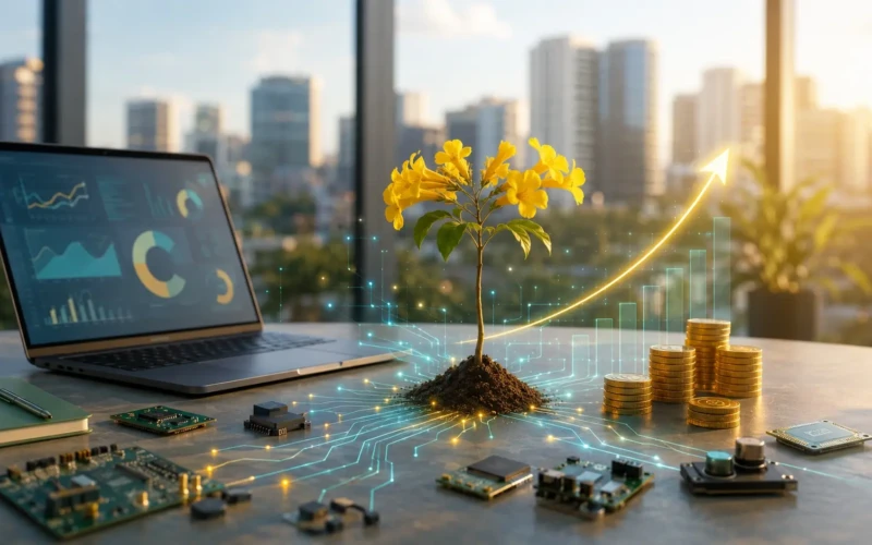 Desenho digital com uma muda de ipê ao centro e peças de computador ao redor ligadas por uma linha de energia, além de gráficos, moedas e um caderno de anotação, todos em cima de uma mesa em frente um grande vitral onde se vê uma cidade com vários prédios ao fundo