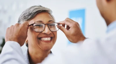 Mulher recebendo seus óculos.